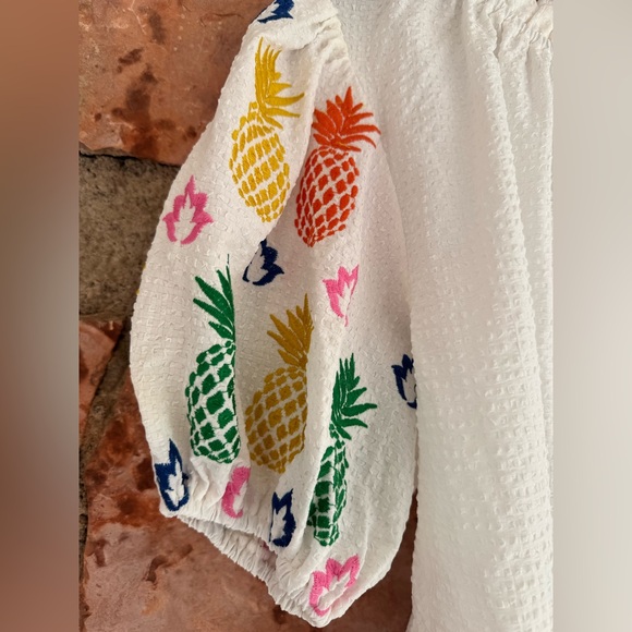 White textured fruit dolce pineapple ruffle bubble sleeve tunic top blouse - Picture 5 of 12